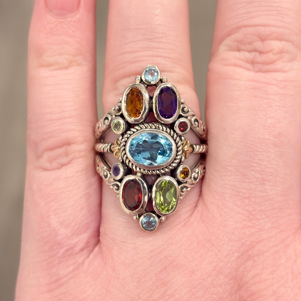 Sterling 18K Large Gemstone Ring, Bali Style Filigree Size 8.5 Rainbow Multigem - Picture 3 of 17
